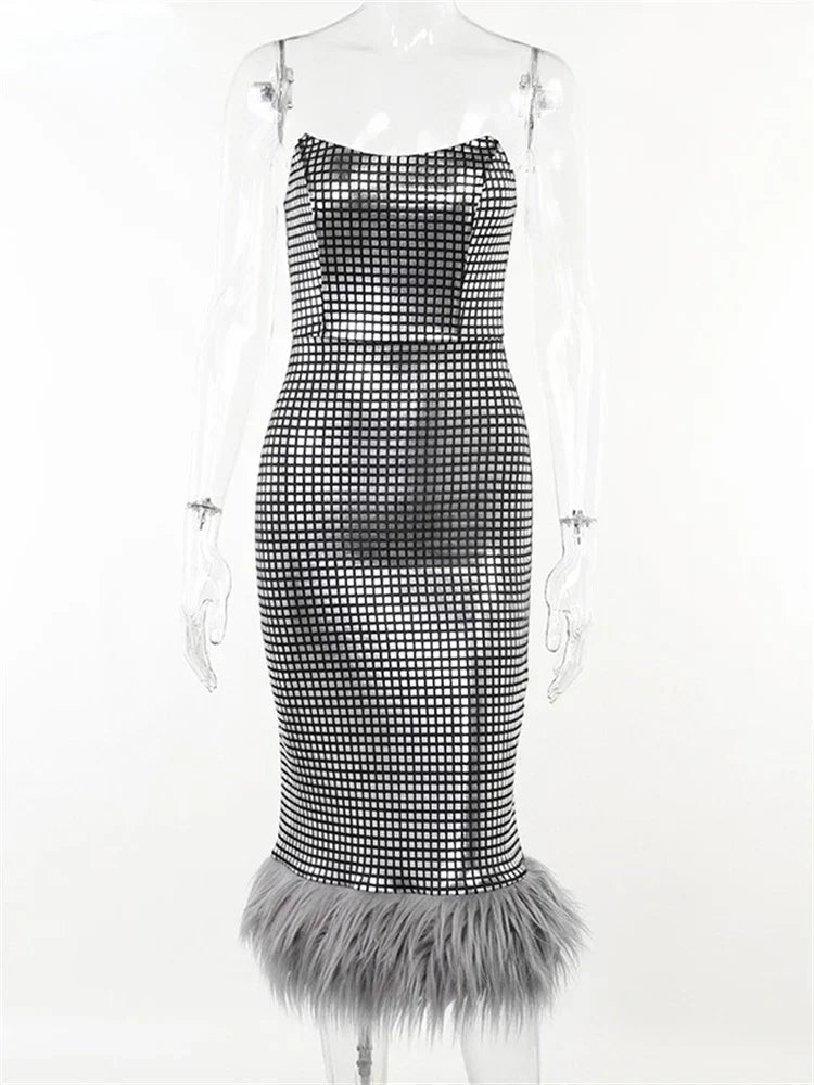 Checked Print Strapless Feather Hem Bodycon Midi Dress 5