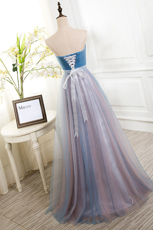 Blue Strapless A-Line Tulle Prom Gown Evening Dresses Fashionpara