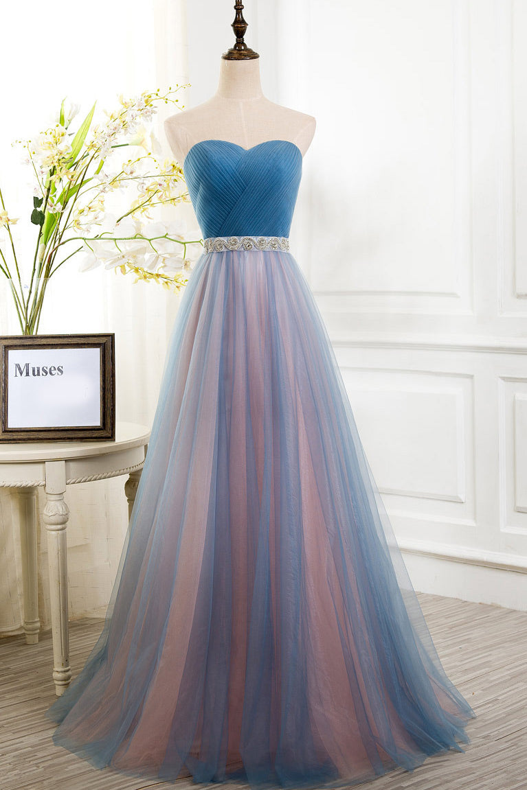 Blue Strapless A-Line Tulle Prom Gown Evening Dresses Fashionpara