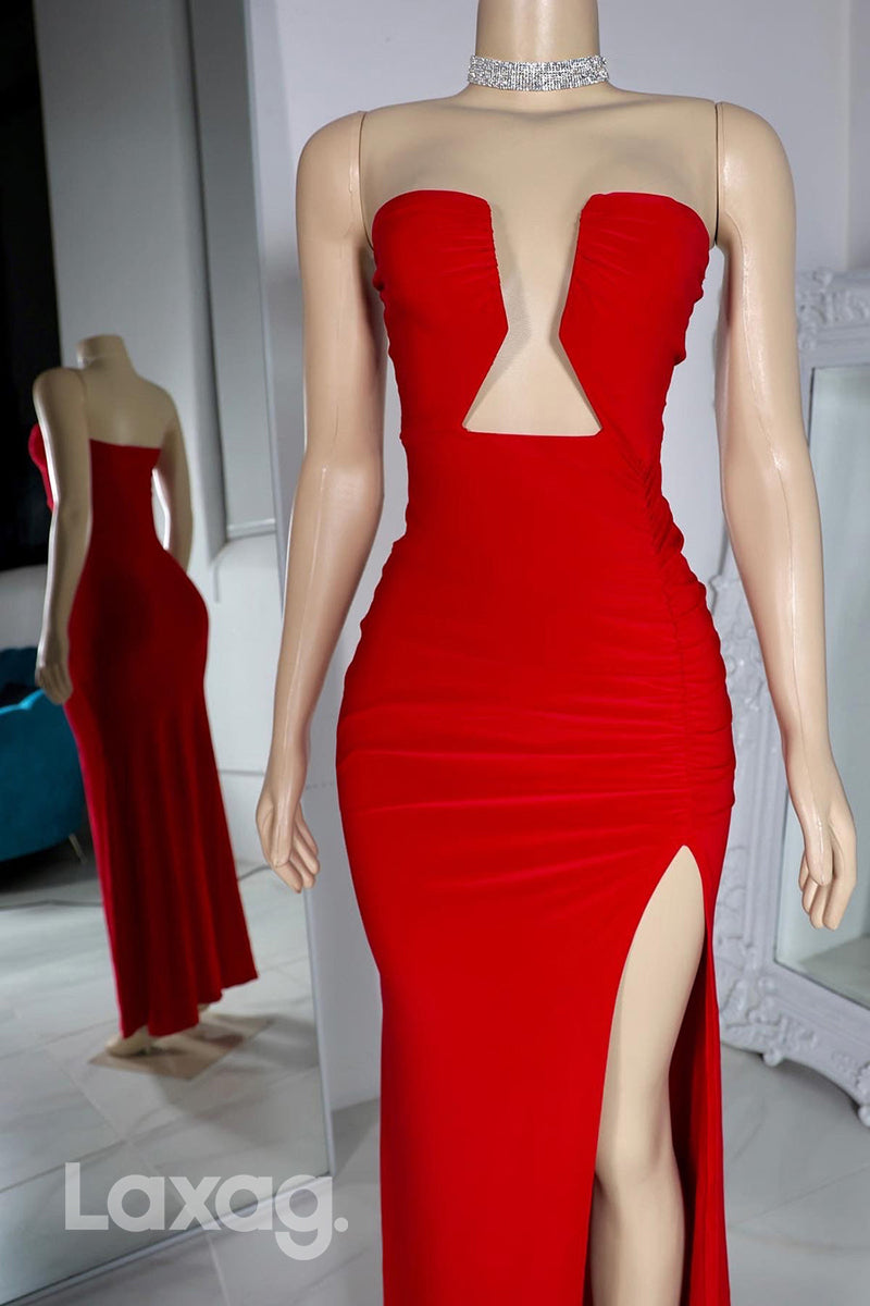 22541 - Strapless Cutout High Slit Sleek Satin Prom Dresses for Black Girl Slay