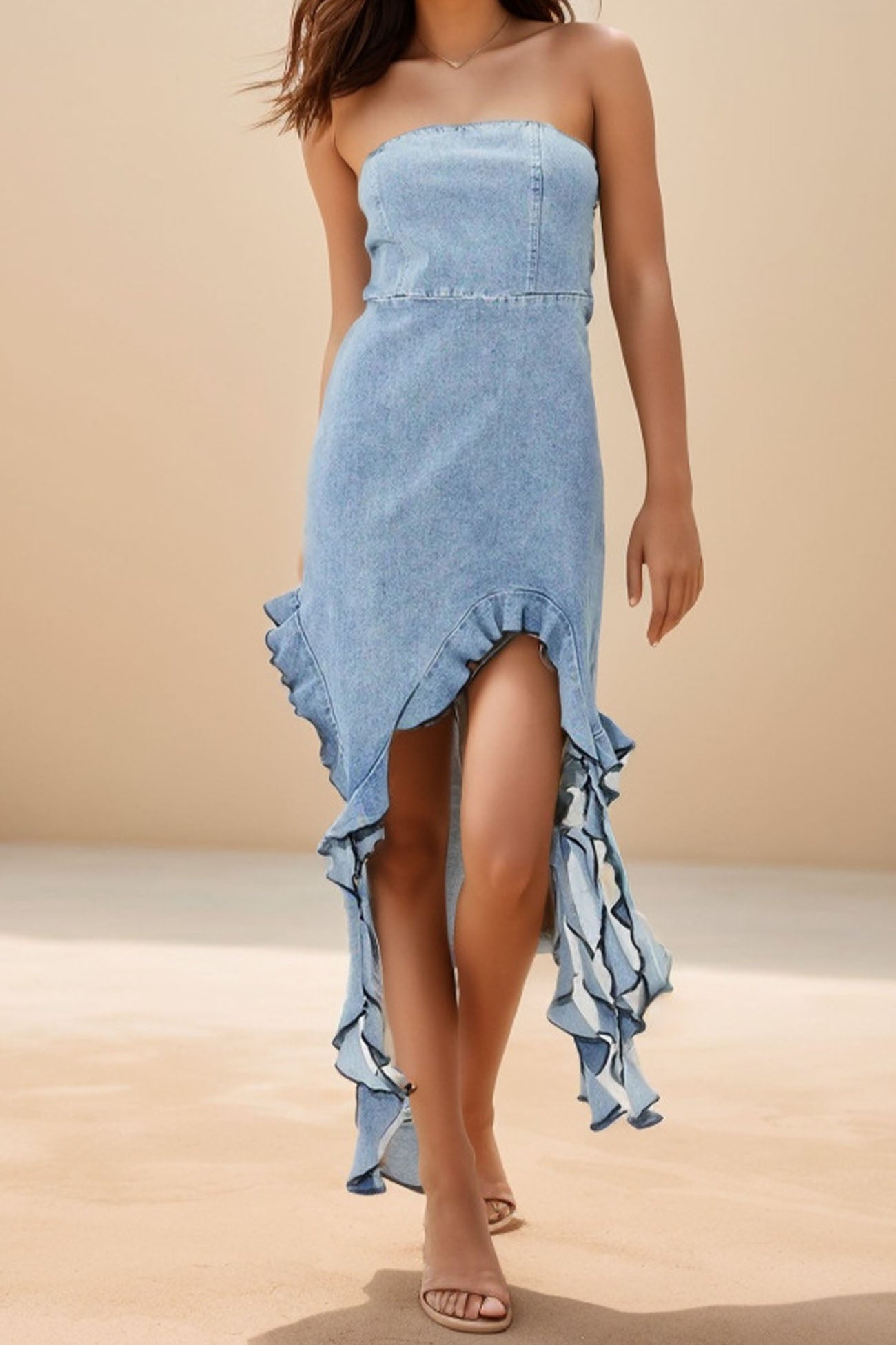 Strapless Irregular Ruffled Midi Dress - Fashionpara