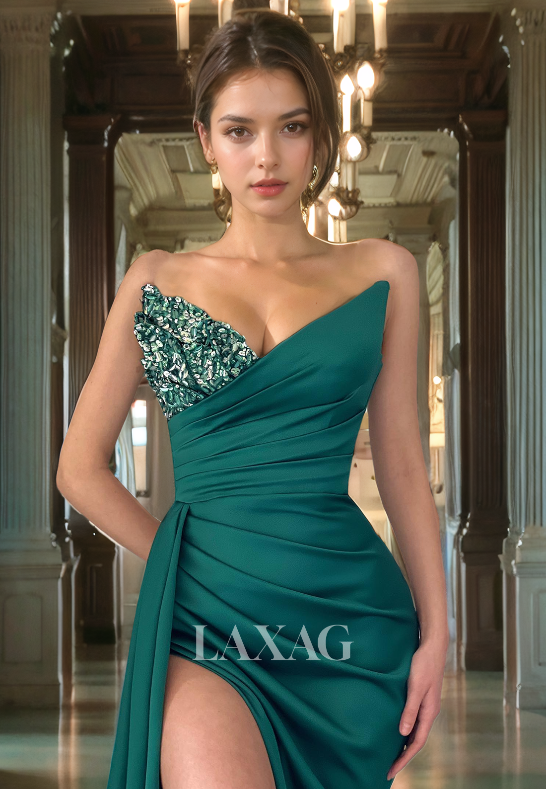 V-Neck Strapless Pleated Mermaid Formal Prom Dress Sequins High Slit Satin Party Gowns with Train