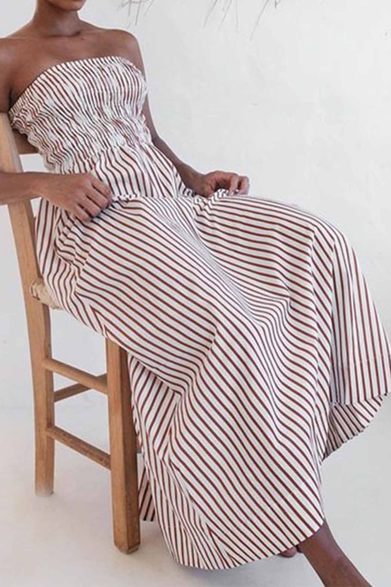 Strapless Shirred Zipper Midi Dress