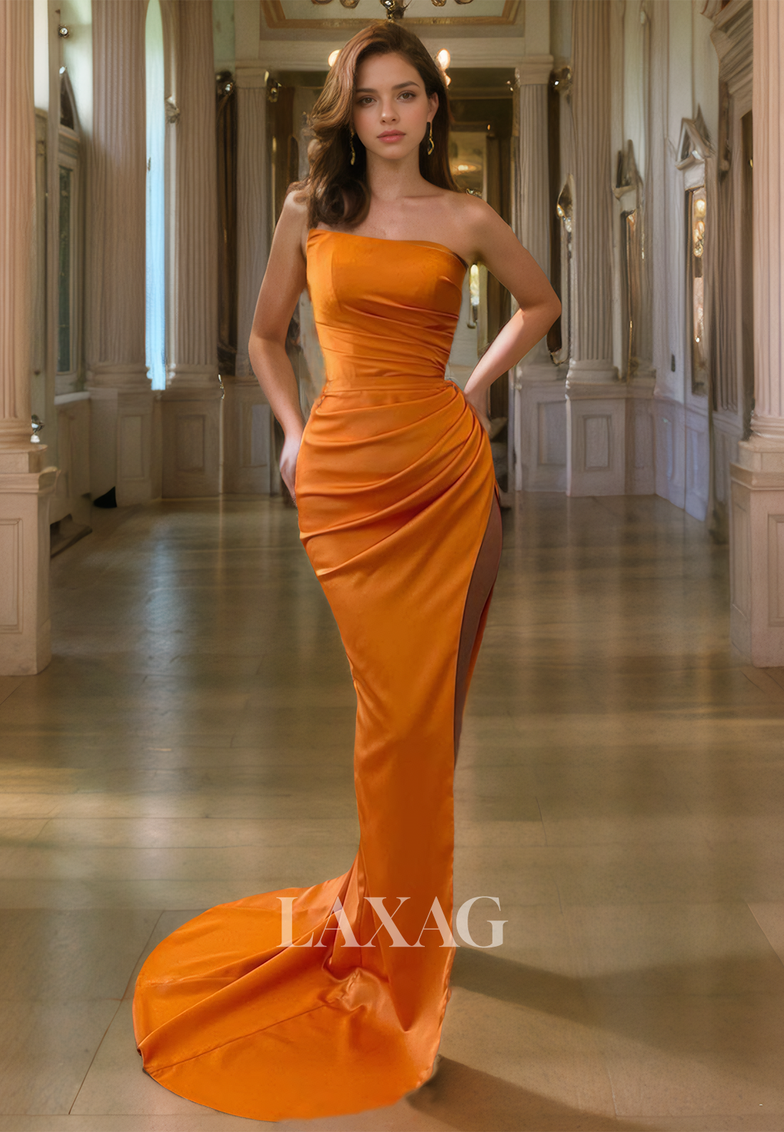 Embellished Pleated Thigh Slit Prom Gown - Fashionpara