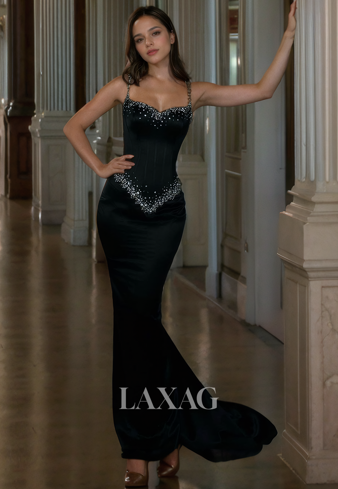 Spaghetti Straps Sleeveless Mermaid Prom Dress Sweetheart Beaded Floor-Length Formal Gowns - Fashionpara