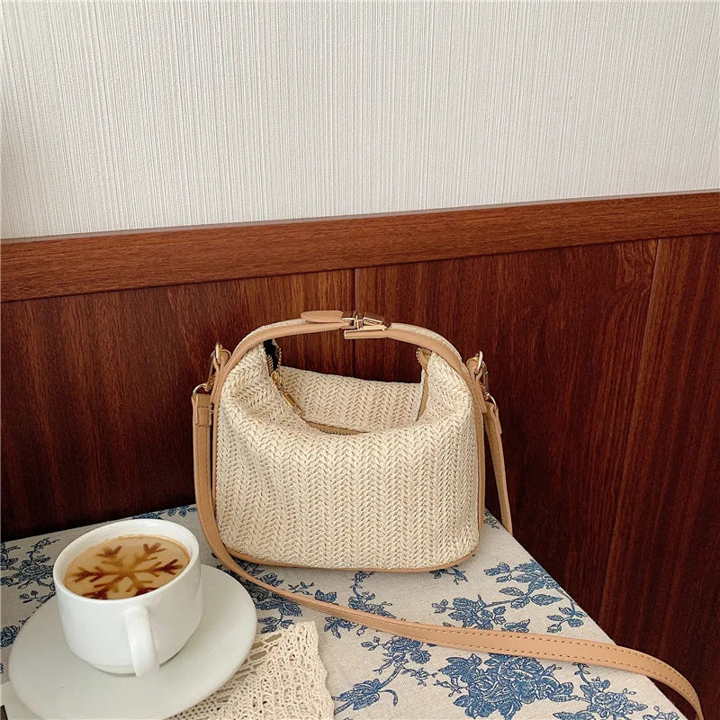 Bohemian Straw Crossbody Bucket Beach Handbag
