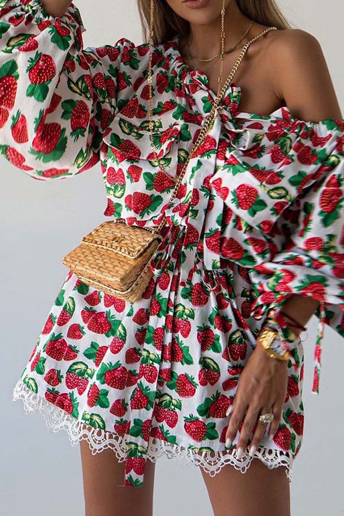 Strawberry Print Off-Shoulder Puff-Sleeve Mini Dress