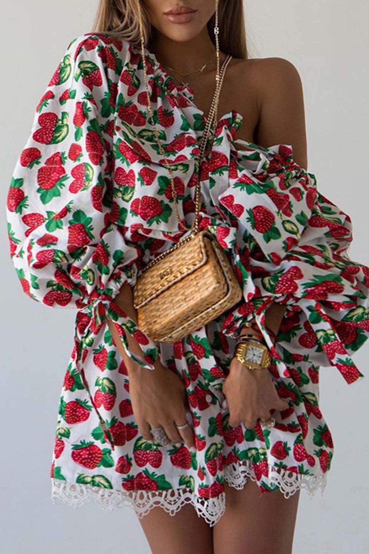 Strawberry Print Off-Shoulder Puff-Sleeve Mini Dress 3