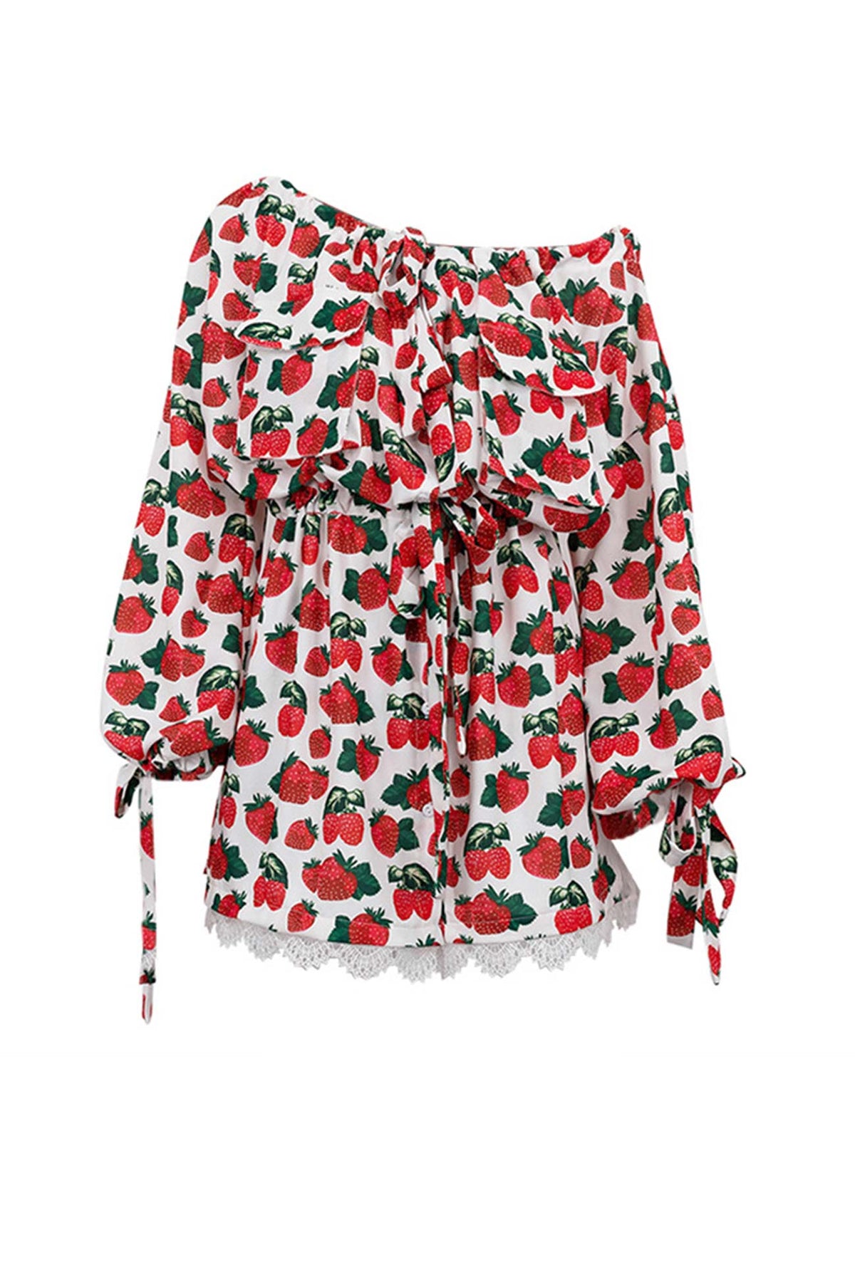 Strawberry Print Off-Shoulder Puff-Sleeve Mini Dress 4