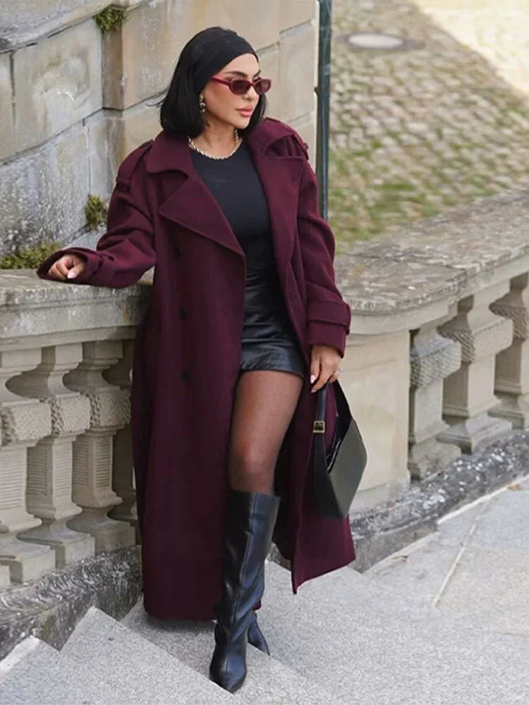 Street Burgundy Woolen Belted Overcoat