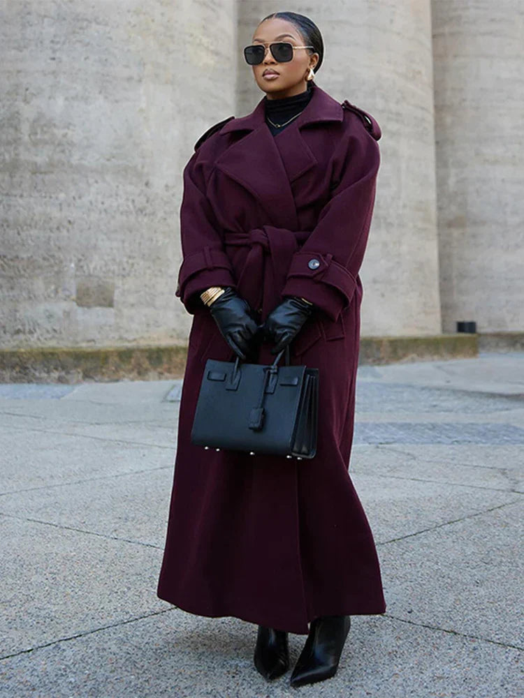 Street Burgundy Woolen Belted Overcoat