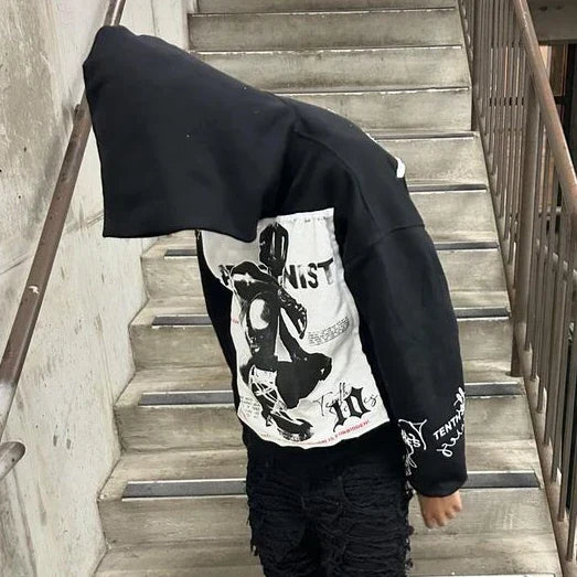 Retro Patch Black Cotton Hoodie