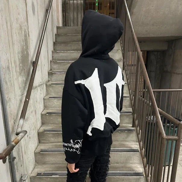 Retro Patch Black Cotton Hoodie 2