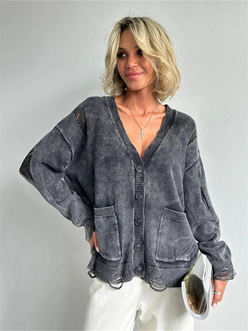 Ragged Button Up Oversized Cardigan