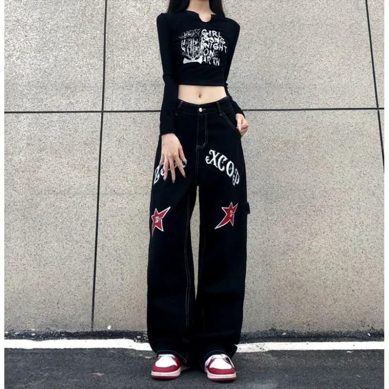 Wide Leg Stars Letter Print Jeans Pants