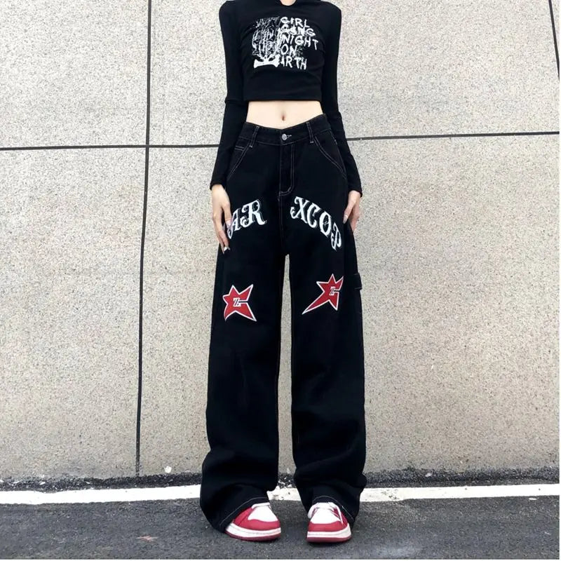 Wide Leg Stars Letter Print Jeans Pants
