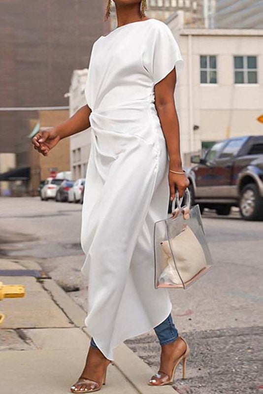 Satin Boat-Neck Short-Sleeve Twist-Front High-Low Top
