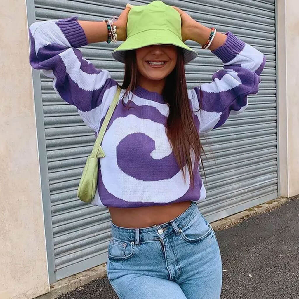 Whirlpool Round Neck Pullover Sweater - Purple 3