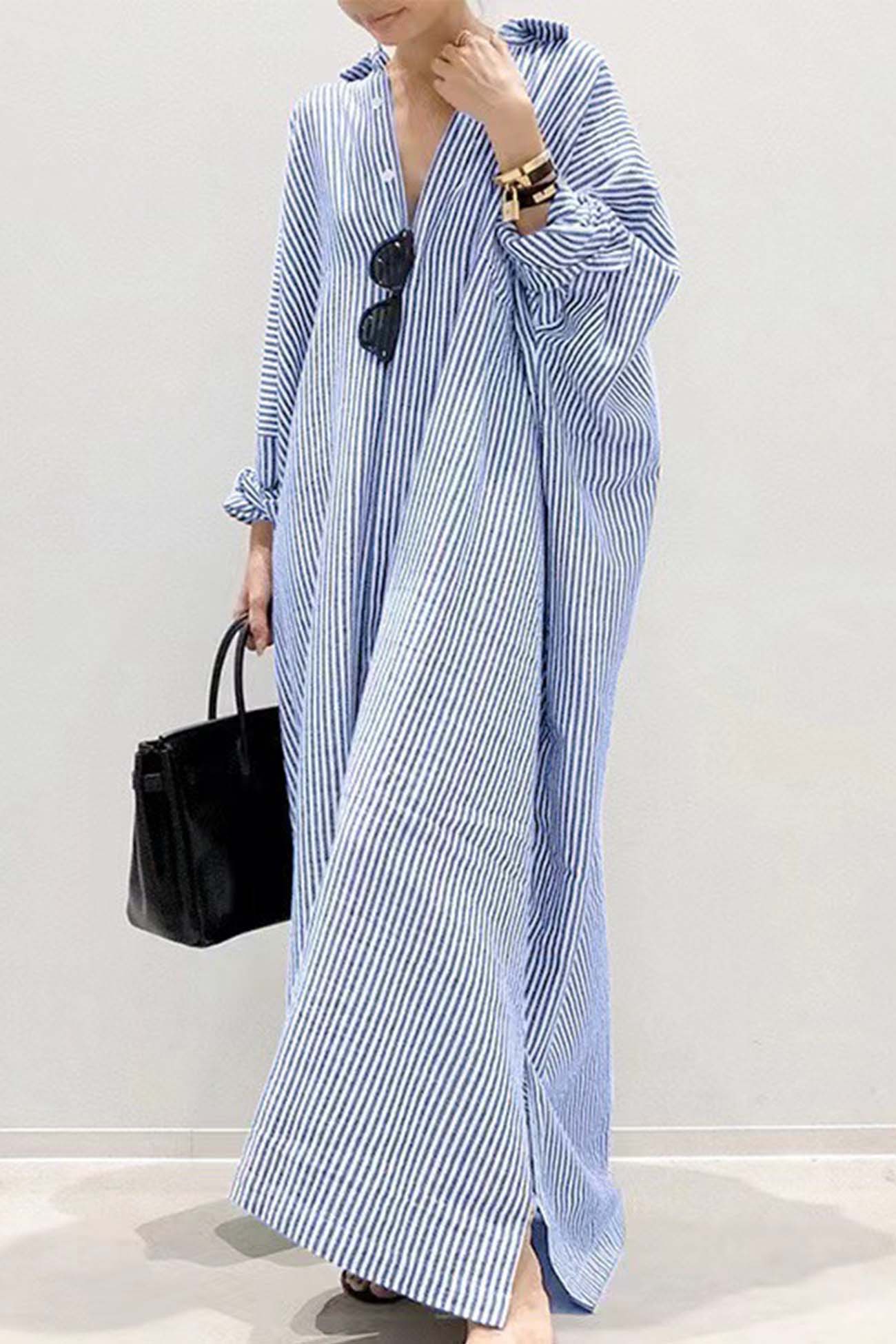 Stripe Lapel Single-breasted Midi Dress