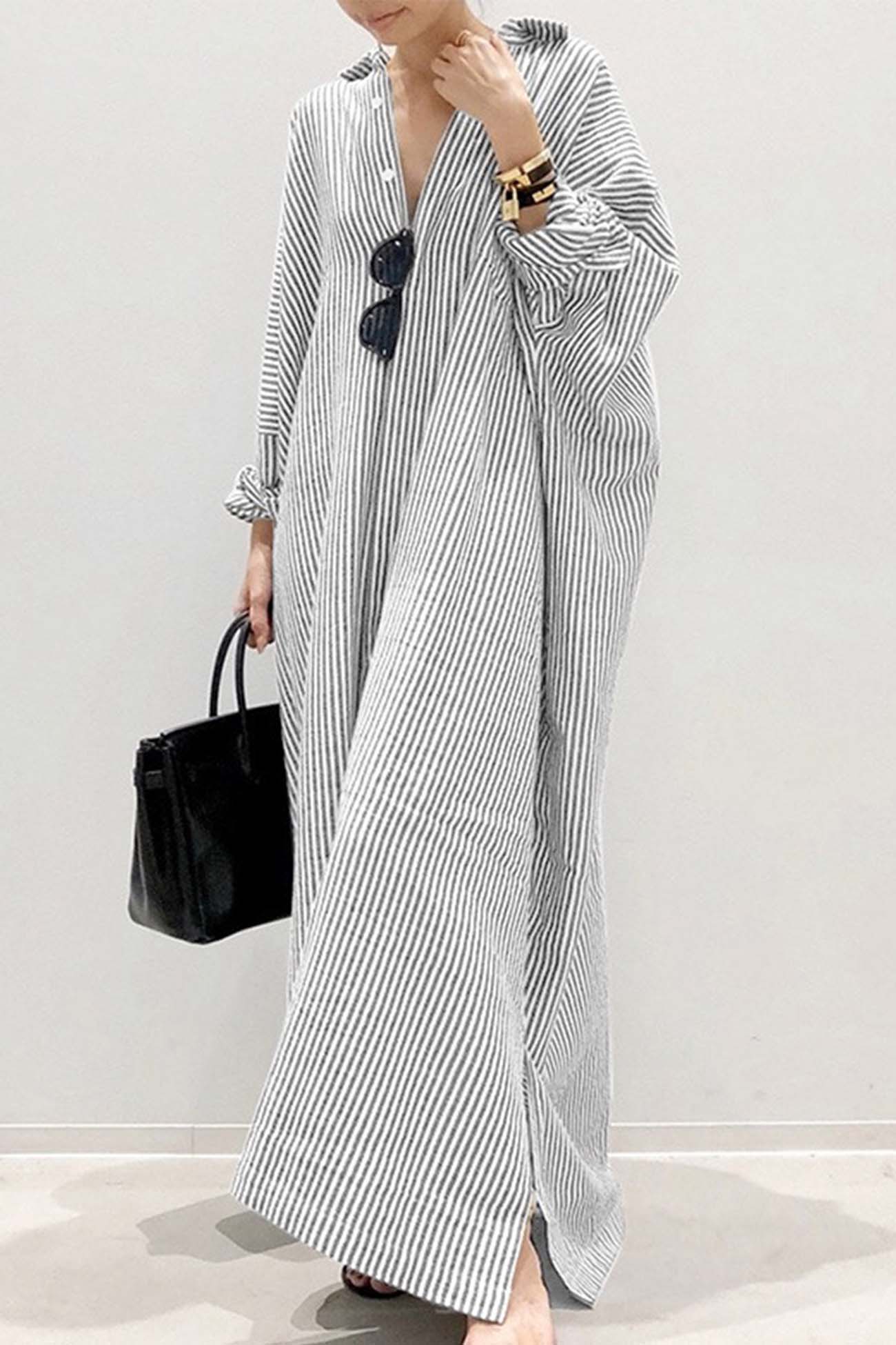 Stripe Lapel Single-breasted Midi Dress