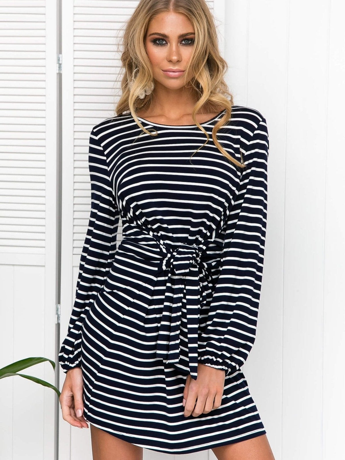 Stripe Boat-Neck Long Sleeve Belted Slouchy Mini Dress 4