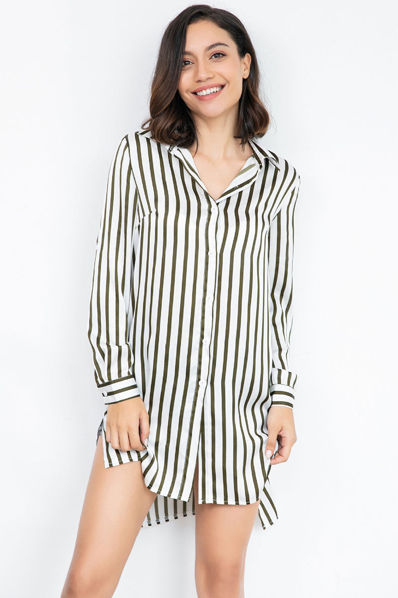 Striped Asymmetrical Hem Single Breasted  Blouse - Mislish