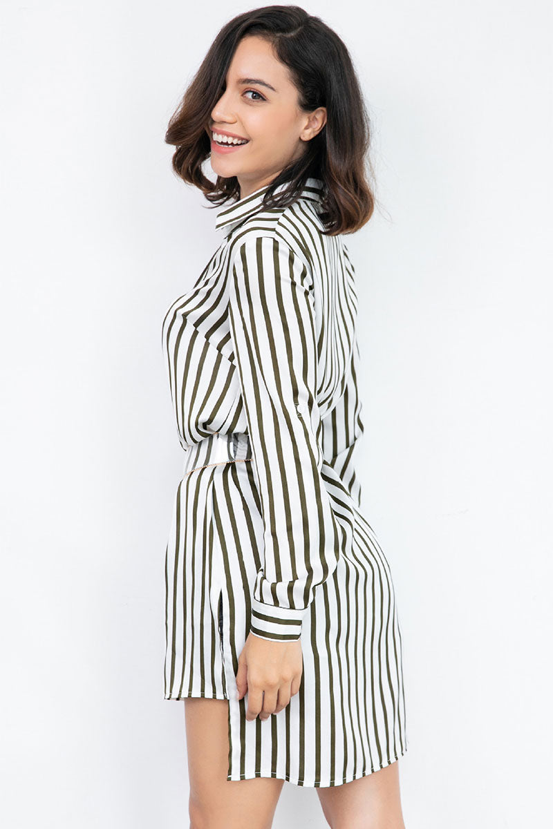 Striped Asymmetrical Hem Single Breasted Blouse