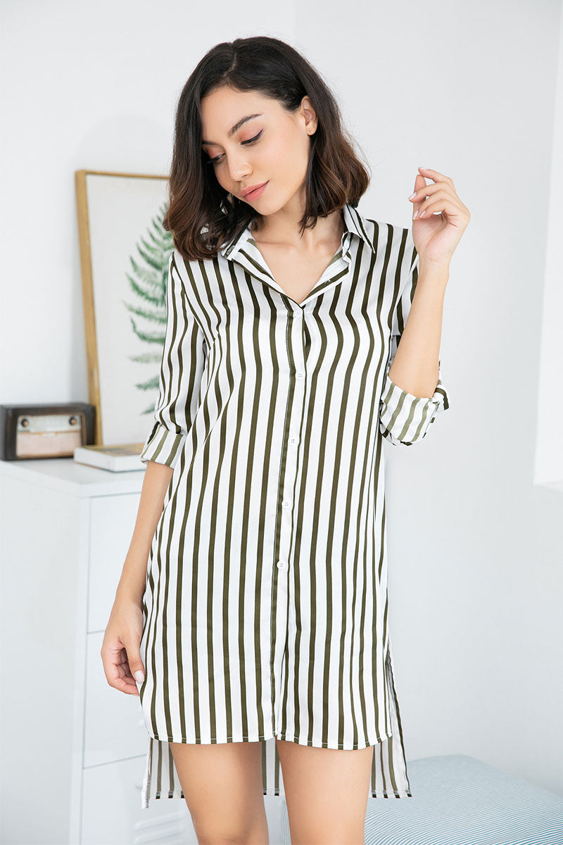 Striped Asymmetrical Hem Single Breasted Blouse