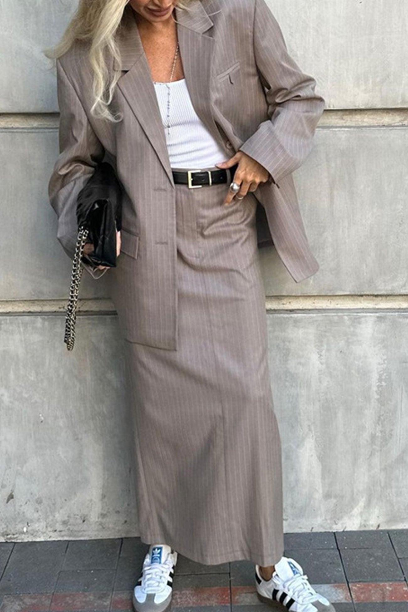 Striped Blazer Midi Skirt Two-piece Outfit - Fashionpara