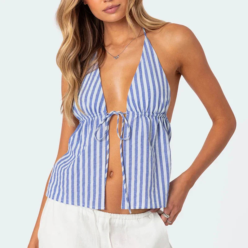 Striped Front Tie Halter Low Cut Crop Top