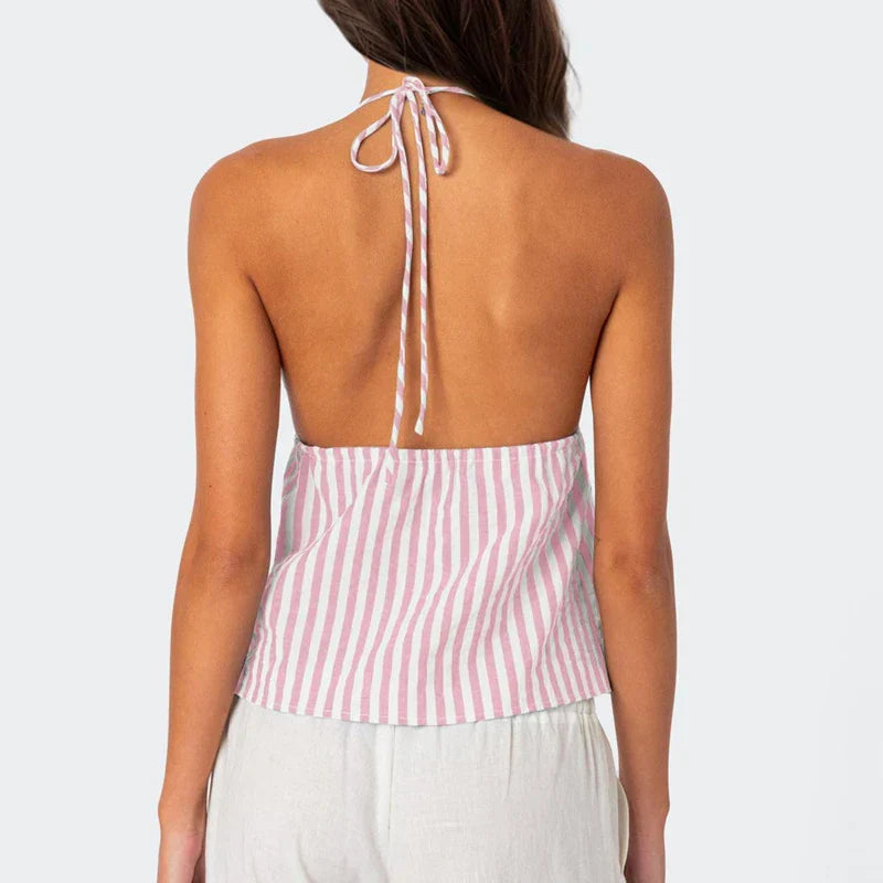 Striped Front Tie Halter Low Cut Crop Top