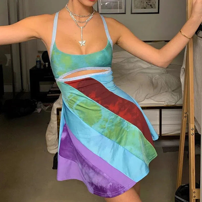 Tie-Dye Striped Scoop Neck Cut-Out A-Line Mini Dress