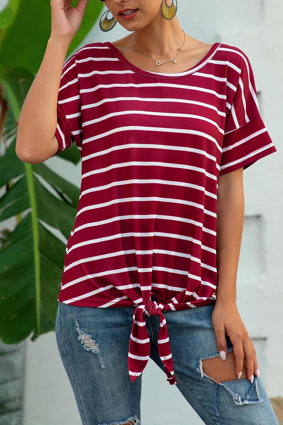 Striped Knot Hem Scoop T-shirt - Fashionpara