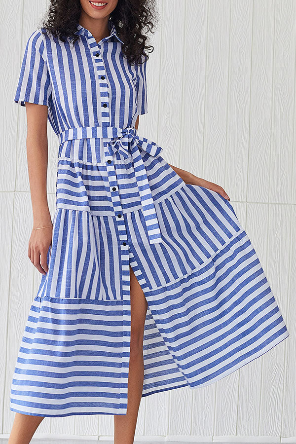 Striped Button Up Belt Shirt Dress