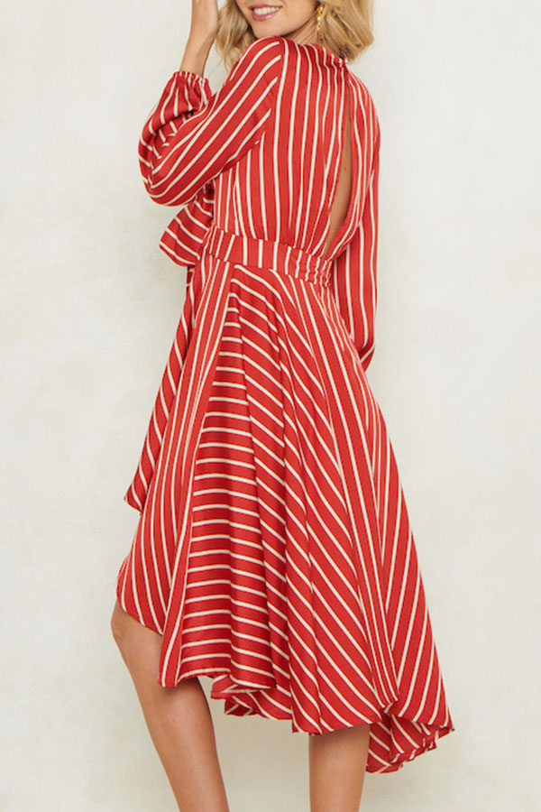 Striped V-neck Knot Front Midi Dress