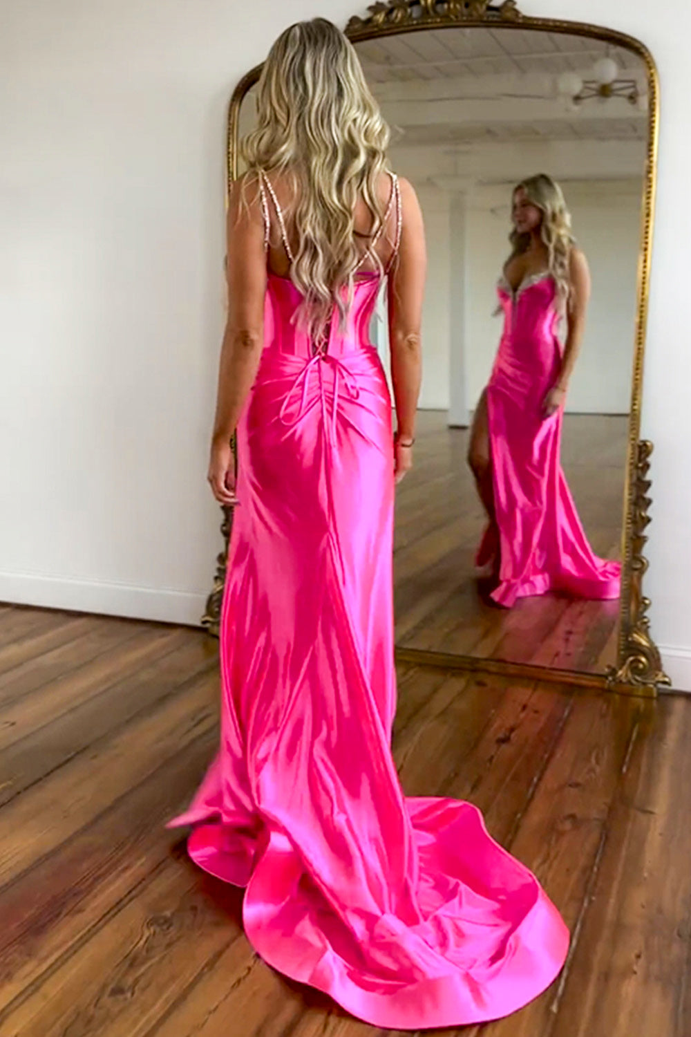 Stunning Hot Pink Mermaid Lace Up Long Satin Prom Dress With Beading