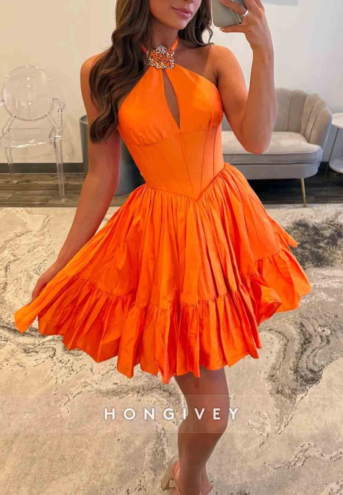 Halter A-Line Sleeveless Crisscross Back Pleated Empire Waist Short Homecoming Dresses