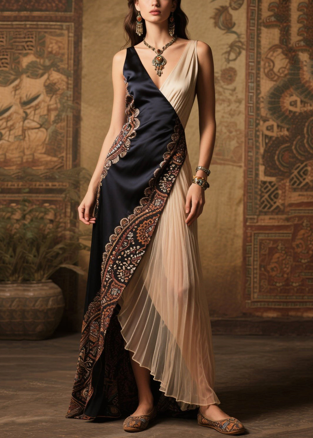 Paisley Border Print Asymmetrical Wrap Pleated Panel Maxi Gown