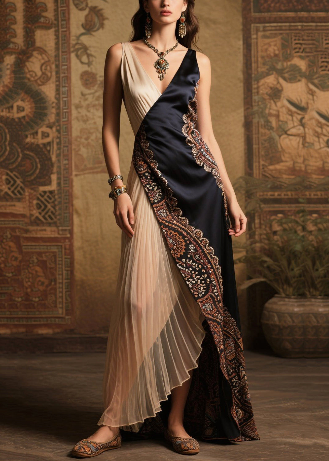 Paisley Border Print Asymmetrical Wrap Pleated Panel Maxi Gown - View 3