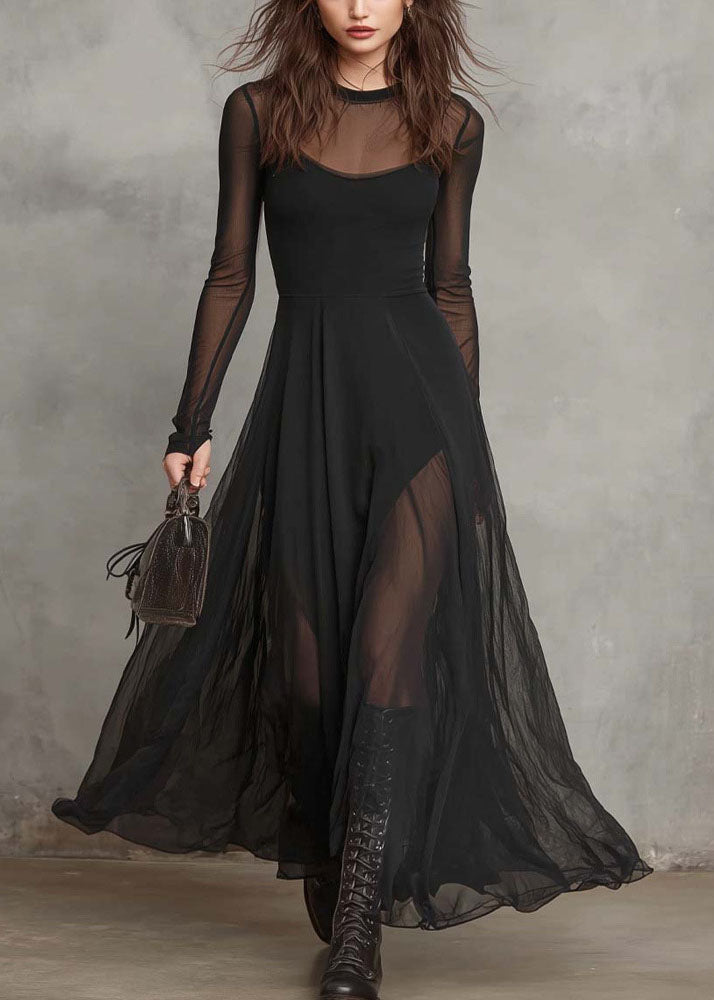 Mesh Crew Neck Long Sleeve Thumbhole Layered Sheer Hem Maxi Dress