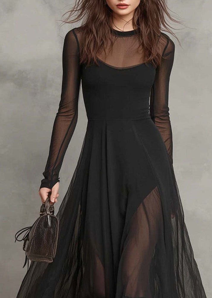 Mesh Crew Neck Long Sleeve Thumbhole Layered Sheer Hem Maxi Dress - View 2
