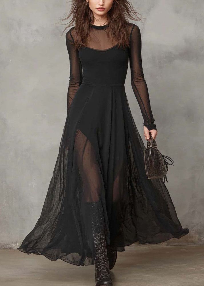 Mesh Crew Neck Long Sleeve Thumbhole Layered Sheer Hem Maxi Dress - View 3