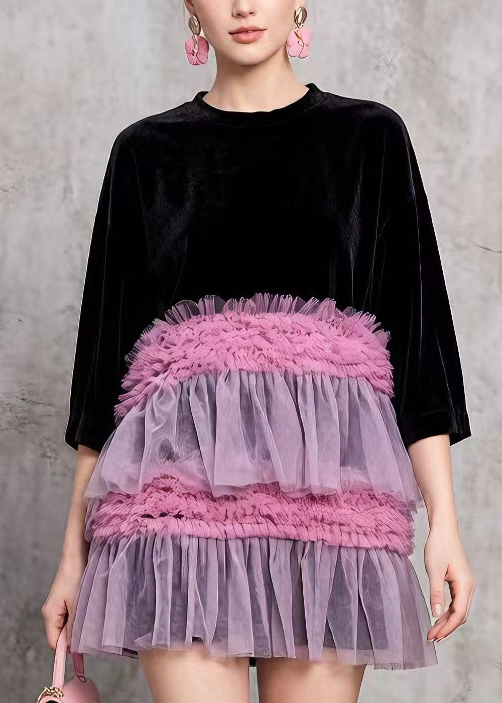 Style Black O Neck Ruffled Tulle Patchwork Velvet Mini Dress Summer - View 2