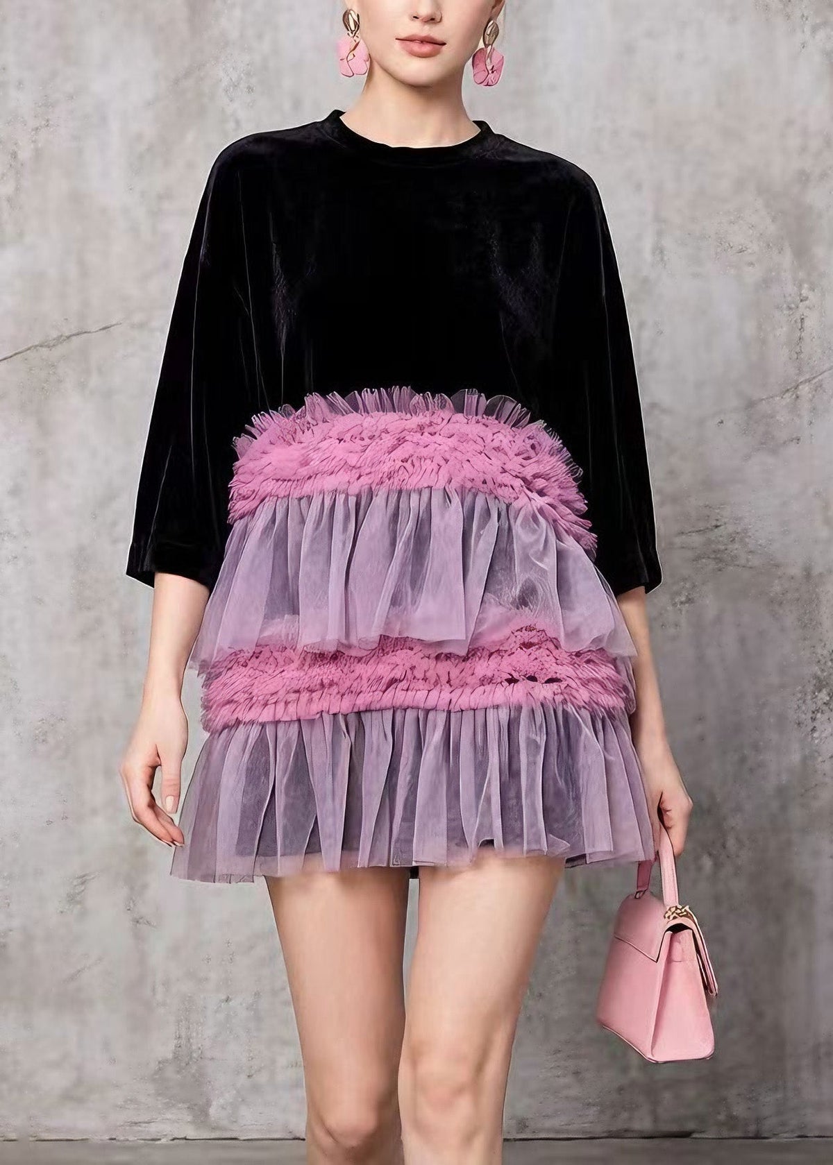 Style Black O Neck Ruffled Tulle Patchwork Velvet Mini Dress Summer - View 3