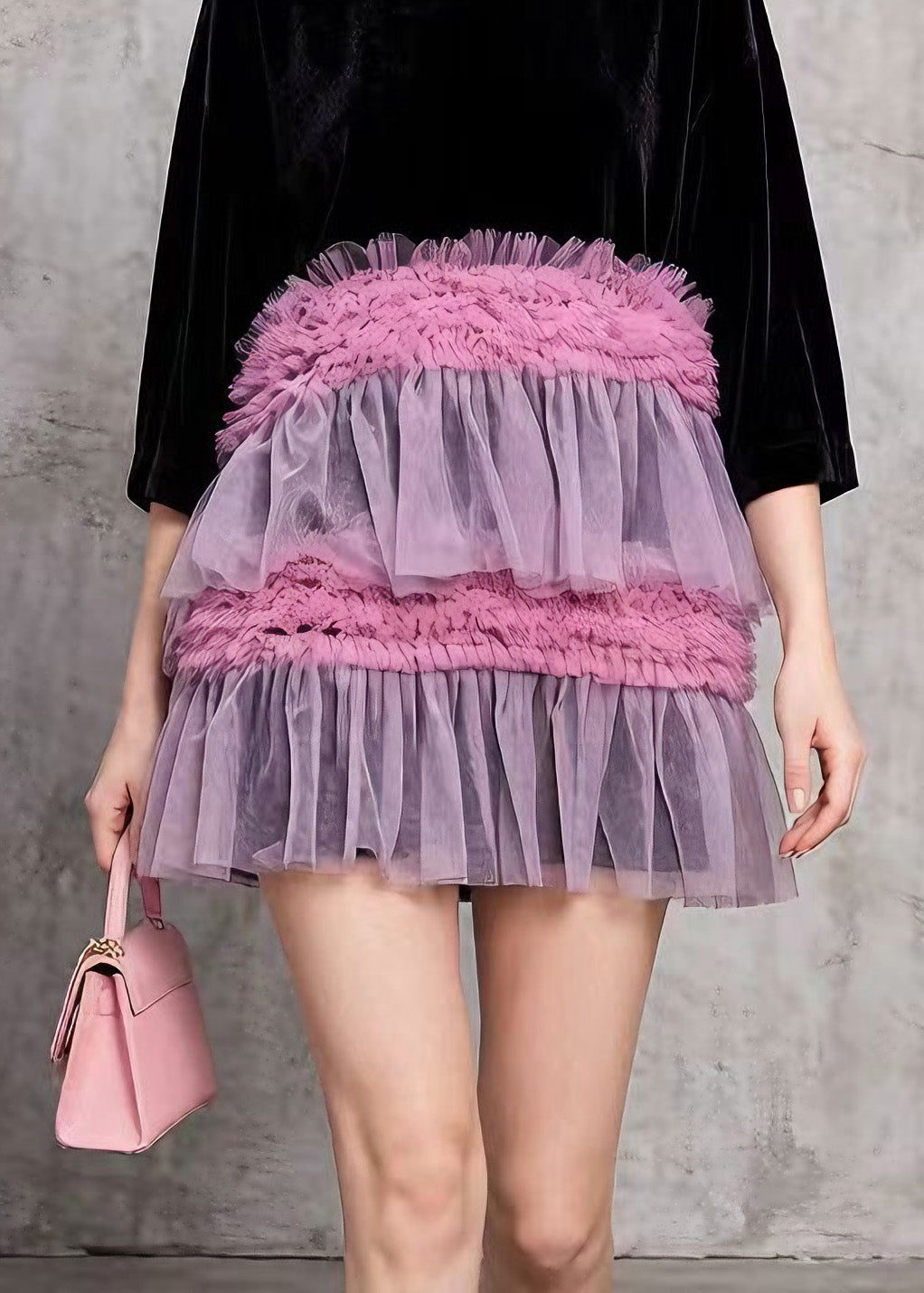 Style Black O Neck Ruffled Tulle Patchwork Velvet Mini Dress Summer - View 4