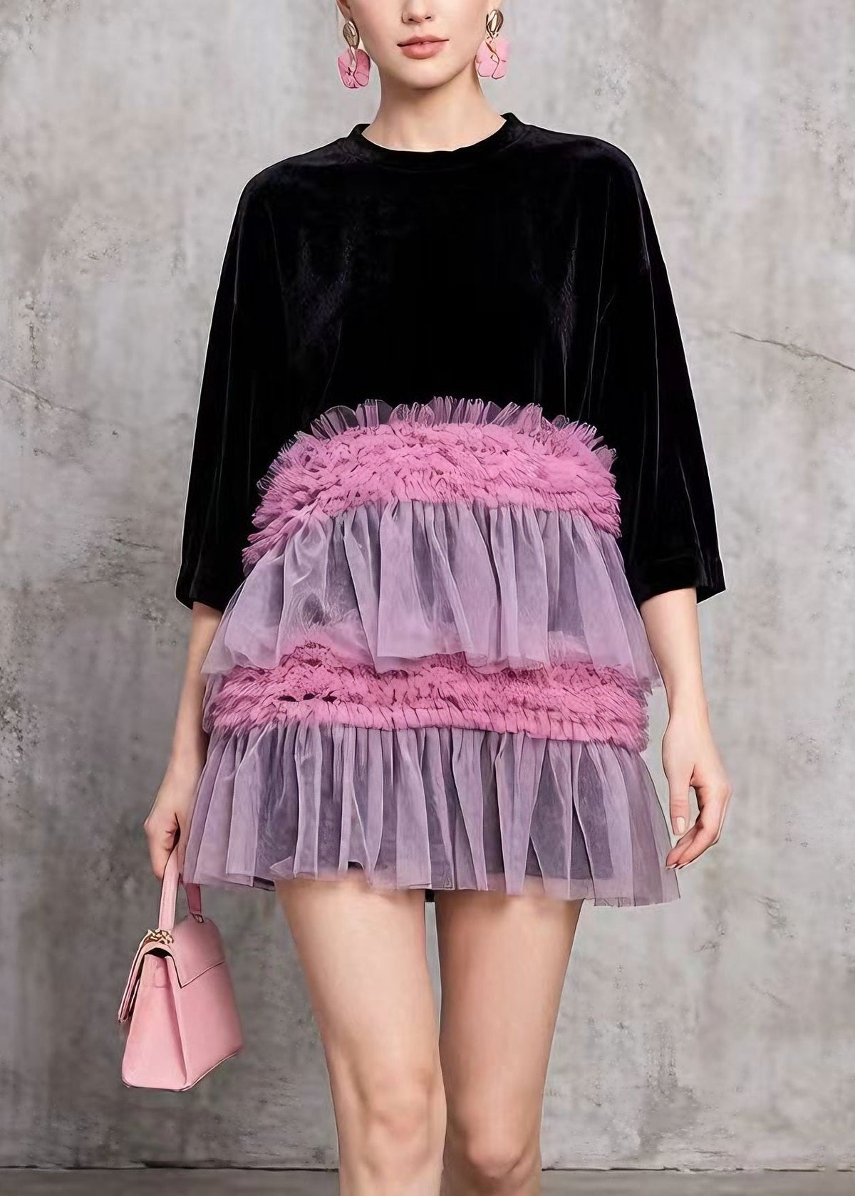 Style Black O Neck Ruffled Tulle Patchwork Velvet Mini Dress Summer - View 5