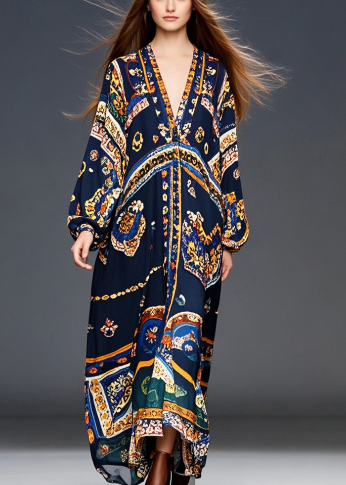 Medallion Print Deep V-Neck Blouson Long Sleeve Chiffon Maxi Dress