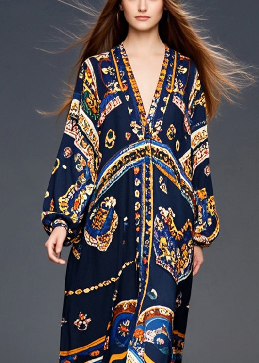Medallion Print Deep V-Neck Blouson Long Sleeve Chiffon Maxi Dress - View 2