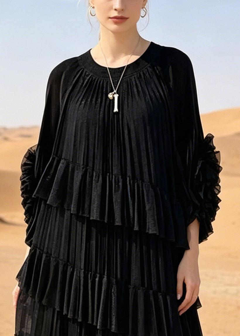 Crew Neck Long Sleeve Tiered Ruffle Pleated Chiffon Maxi Dress - View 2