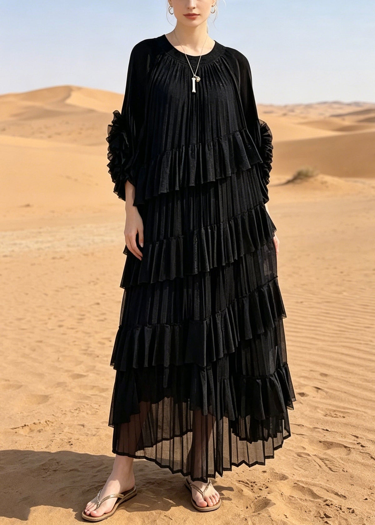 Crew Neck Long Sleeve Tiered Ruffle Pleated Chiffon Maxi Dress - View 3